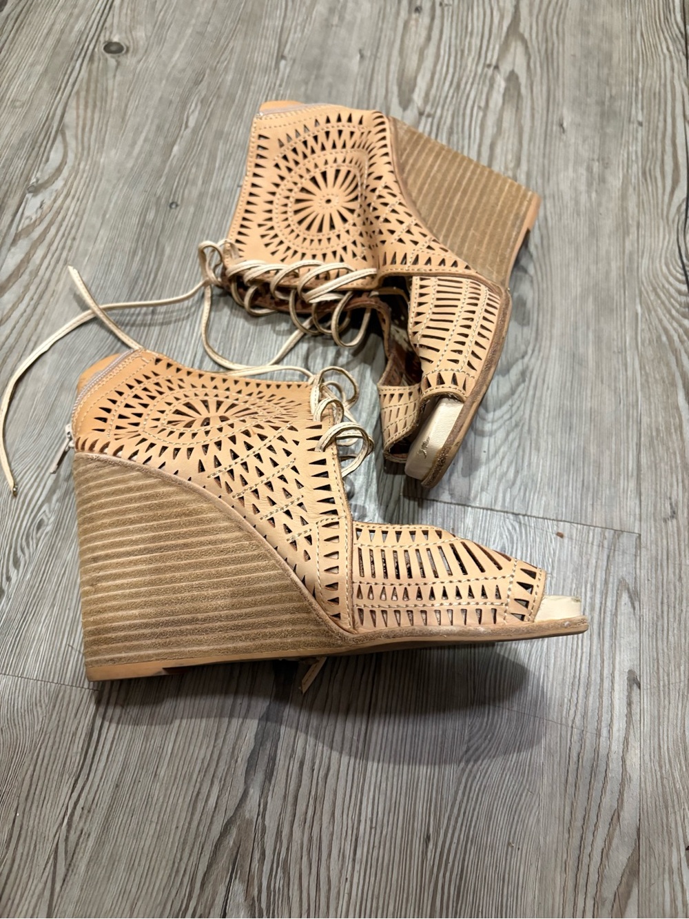 Jeffrey Campbell Tan Cutout Lace-Up Wedge Sandals